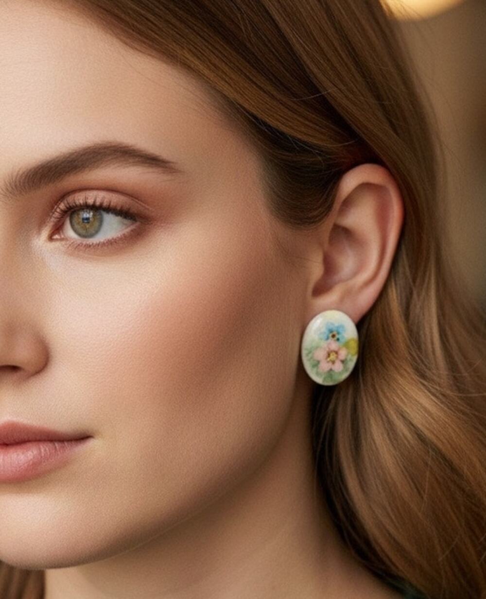 Vintage Ceramic Hand-Painted Floral Screw-on Earrings